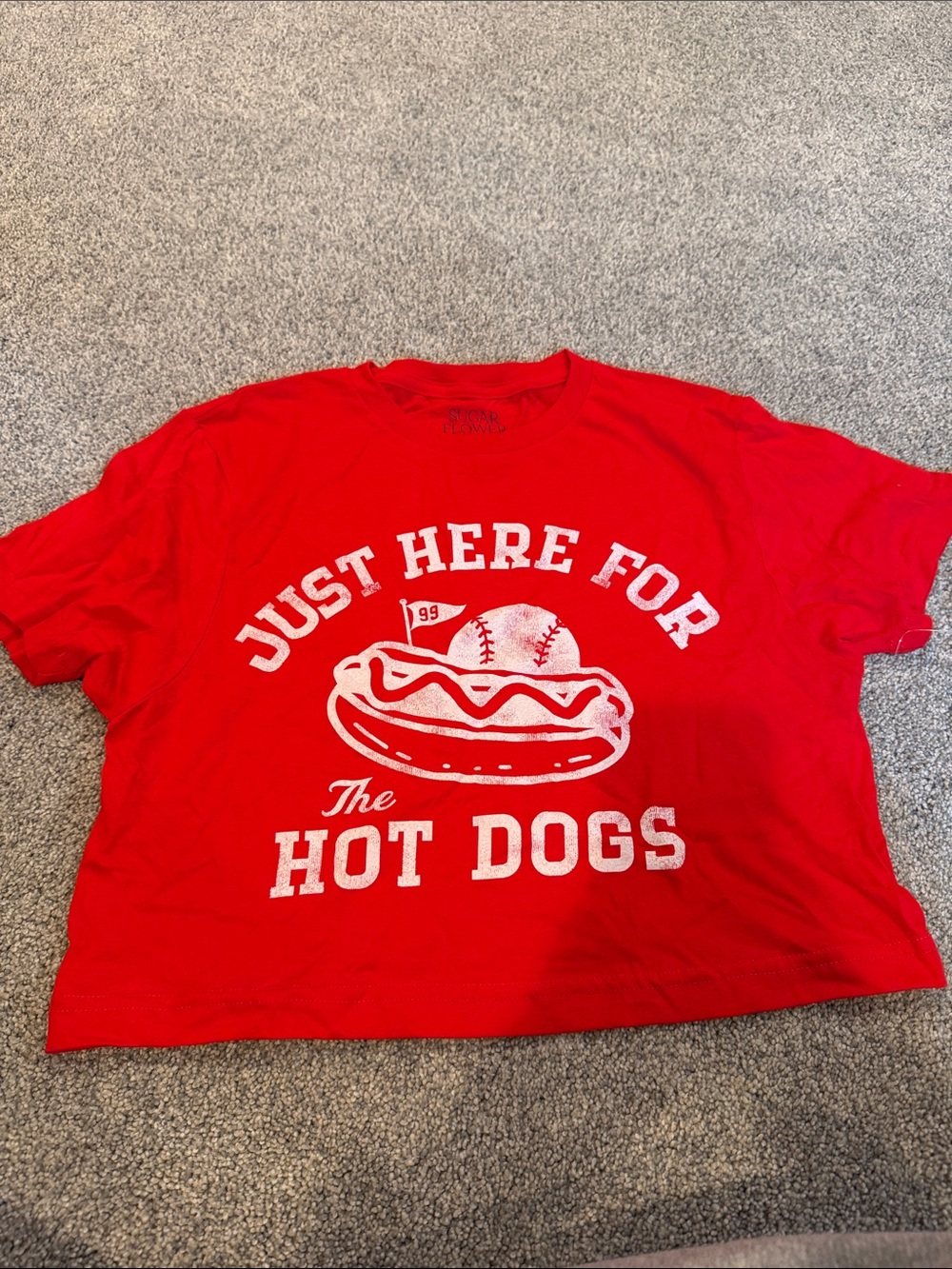 Red Graphic Crop Tee - "Just Here For The Hot Dogs"